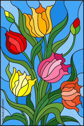 illustration-in-stained-glass-style-with-a-bouquet-of-colorful-tulips-on-a-blue-background