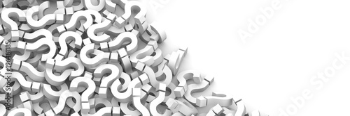 White question marks background with empty space on right side. 3D Rendering.