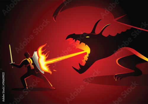 Business concept vector illustration of a businessman fighting a dragon. Risk, courage, leadership in business concept