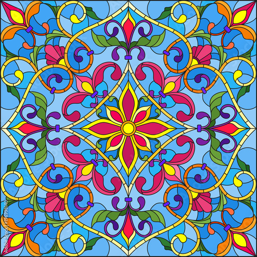 illustration-in-stained-glass-style-square-mirror-image-with-floral-ornaments-and-swirls