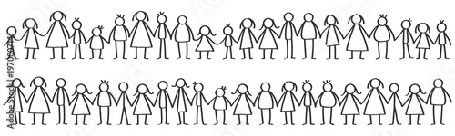 Vector illustration of black male and female stick figures standing in rows holding hands isolated on white background © Rudie