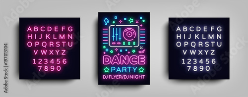Dance party poster design template in neon style. Night party DJ neon sign, light banner, flyer nightlife advertisement, party invitation concert, disco. Vector illustration. Editing text neon sign