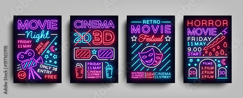 Movies 3d collection posters design templates in neon style. Set neon sign, light banner, bright flyer, design typography postcard, brochure, advertising neon night for Cinema. Vector Illustrations
