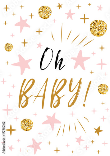 oh-tekst-dla-dzieci-ze-zlotymi-kulkami-i-rozowa-gwiazda-dla-dziewczynki-baby-shower-zaproszenia-szablonu-projektu-karty