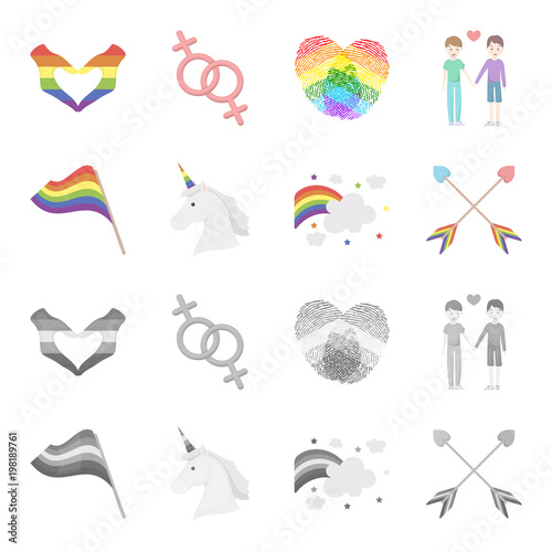 Flag, unicorn symbol, arrows with heart.Gay set collection icons in cartoon,monochrome style vector symbol stock illustration web.