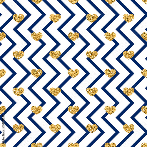Gold Heart Seamless Pattern Blue White Geometric Zig Zag Golden Gold Heart Seamless Pattern Blue White Geometric Zig Zag Golden Confetti Hearts