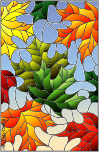 illustration-in-stained-glass-style-with-colorful-maple-leaves-on-blue-background