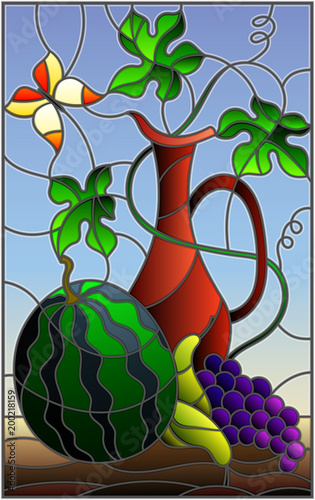 illustration-in-stained-glass-style-with-still-life-fruits-berries-and-pitcher-on-blue-background