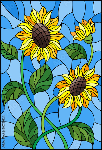 illustration-in-stained-glass-style-with-a-bouquet-of-sunflowers-flowers-buds-and-leaves-of-the-flower-on-blue-background