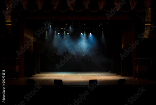 scene, stage light with colored spotlights and smoke