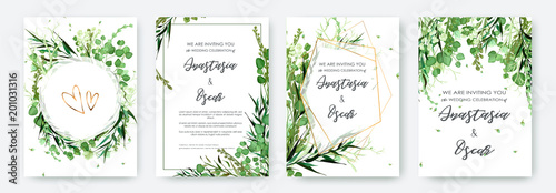 Wedding invitation frame set; flowers, leaves, watercolor, isolated on white. Sketched wreath, floral and herbs garland with green, greenery color. Handdrawn Vector Watercolour style, nature art. © Gluiki