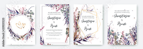 Wedding invitation frame set; flowers, leaves, watercolor, isolated on white. Sketched wreath, floral and herbs garland with green, greenery color. Handdrawn Vector Watercolour style, nature art. © Gluiki