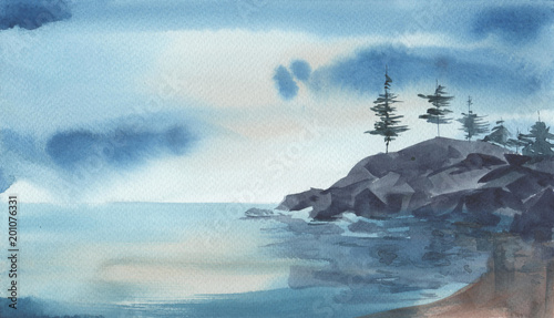 watercolore-landscape-of-the-sea-rocks-pine-trees-against-stomy-sky-hand-drawn-illustration