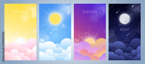 Set of morning, day, evening and night sky illustration with sun, clouds, moon and stars, sunset and sunrise. Weather app screen, mobile interface design