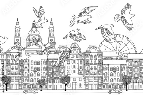 ptaki-nad-budapeszt-recznie-rysowane-czarno-bialy-ilustracja-miasta-z-stada-golebi