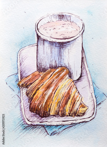 croissant-z-filizanka-kakao-akwarela