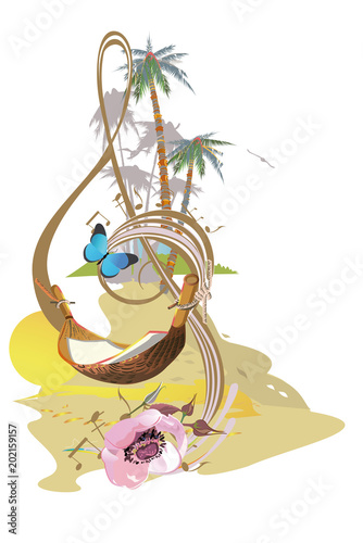 abstrakter-violinschlussel-verziert-mit-sommer-und-fruhlingsblumen-palmblatter-anmerkungen-hand-gezeichneter-vektor
