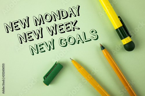 Word writing text New Monday New Week New Goals. Business concept for next week resolutions To do list Goals Targets written on Plain Green background Pens next to it.