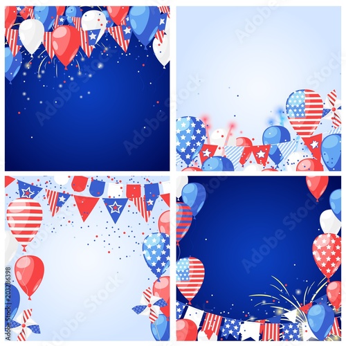 Set of USA holiday vector backgrounds and frames. 4 of July USA Independence Day greeting card or banner template