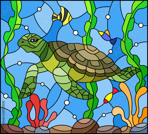 illustration-in-stained-glass-style-with-sea-turtle-on-the-seabed-background-with-algae-fish-and-stones