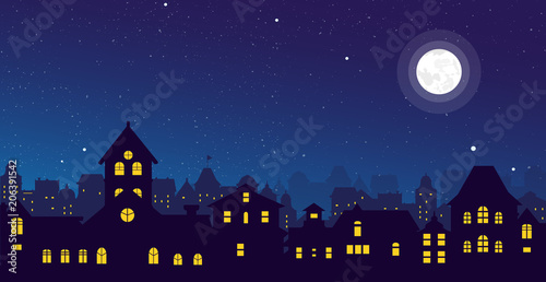 Vector illustration of the night town skyline with a full moon over urban houses rooftops in flat style.