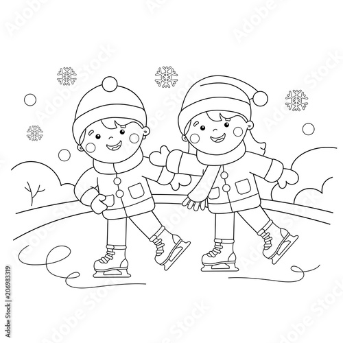 Coloring Page Outline Of cartoon boy with girl skating. Winter sports ...