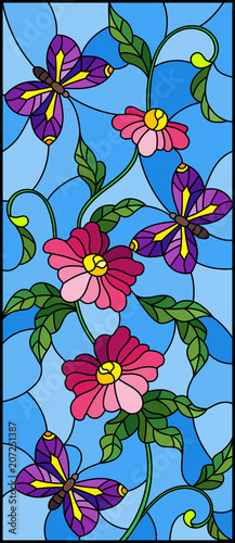ilustracja-w-stylu-witrazu-z-streszczenie-krecone-rozowy-kwiat-i-fioletowy