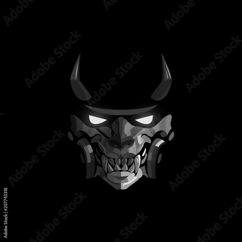 Mask of a samurai with horns and glowing eyes on a black background © yESvideo.com.ua