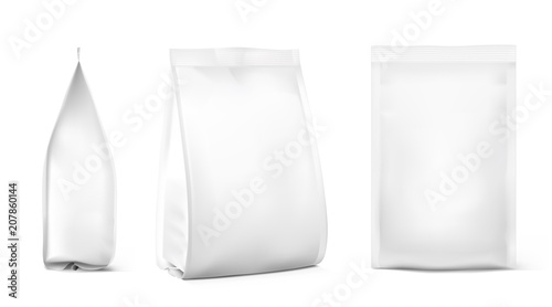 Realistic food bags isolated on white background. Front, isometric and side view. Vector illustration. Can be use for template your design, presentation, promo, ad. EPS 10.