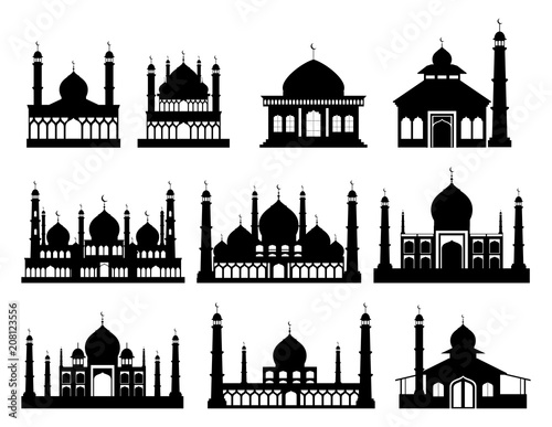 Islamic buildings silhouettes  Mosques and minarets with 