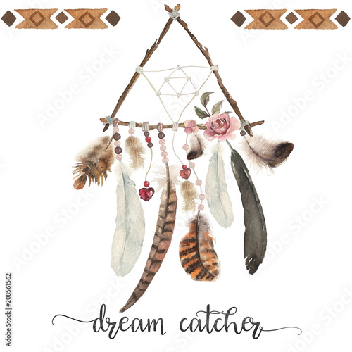 na-bialym-tle-akwarela-ozdoba-bohemian-dreamcatcher-boho-piora-ozdoba-native