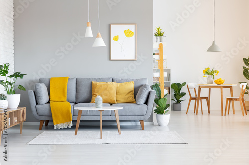 Orange blanket on grey sofa in modern apartment interior with poster and wooden table. Real photo © Photographee.eu