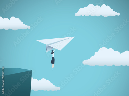 Woman leader in business vector concept. Businesswoman flying on paper plane off a cliff as symbol of woman power, strength, motivation, ambition and feminism.