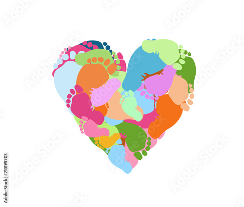 Many foot prints in multi-colored paints in the form of a heart. Pregnancy, love, schatye, day of protection of children.
