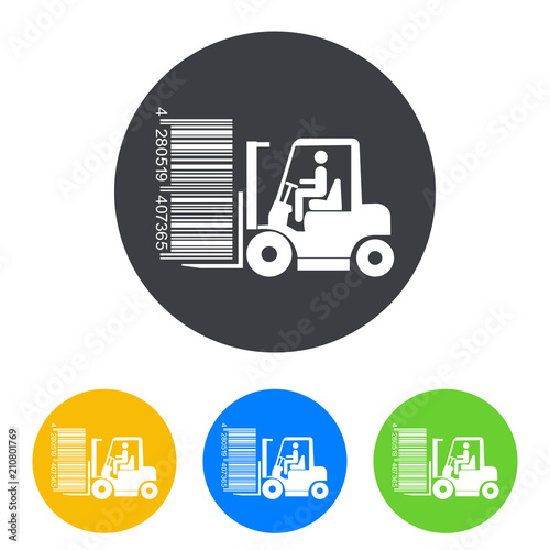 Icono plano codigo de barras carretilla elevadora en circulo varios colores