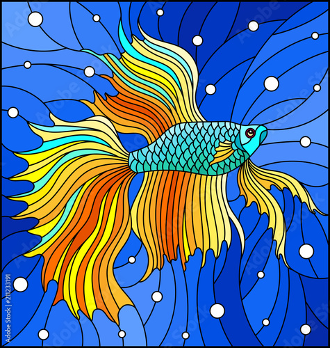 illustration-in-stained-glass-style-with-yellow-fighting-fish-on-the-background-of-water-and-air-bubbles