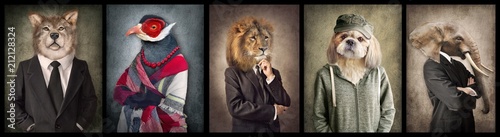 Animals in clothes. Concept graphic in vintage style. Wolf, Bird, Lion, Dog, Elephant. © cranach