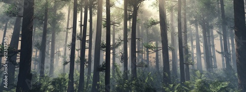 Trees in the fog. The smoke in the forest in the morning. A misty morning among the trees. 3D rendering