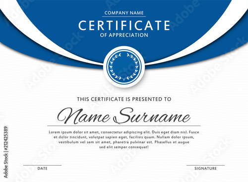 certificate template in elegant blue color with medal and abstract