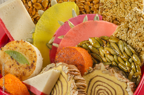 Mexican traditional candies. Colorful assorted homemade sweets