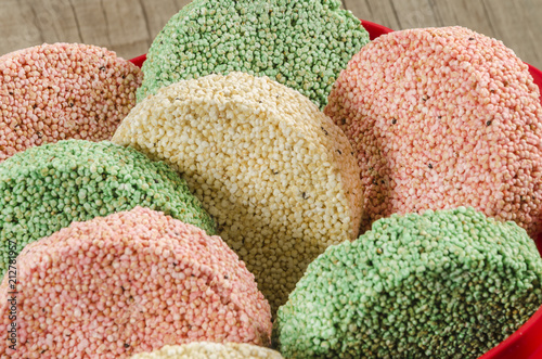 Colorful Mexican Amaranth brittles called Alegrias. Healthy staple food of the old Aztecs still eaten in Mexico