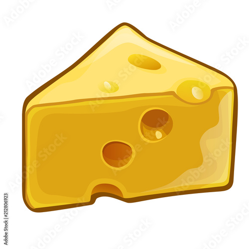 A piece of cheese with holes isolated on white background. Dairy product, attribute of healthy eating, fitness menu. Vector close-up cartoon illustration.
