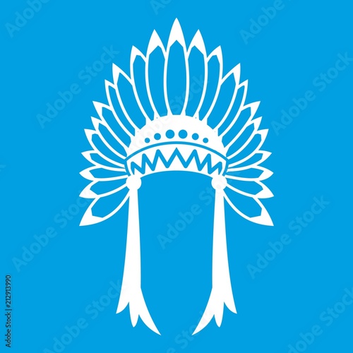 Indian Headdress Icon White Isolated On Blue Background Vector
