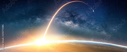Landscape with Milky way galaxy. Sunrise and Earth view from space with Milky way galaxy. (Elements of this image furnished by NASA)