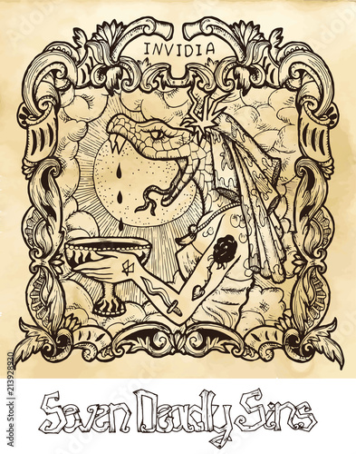 Envy Latin Word Invidia Means Jealousy Seven Deadly Sins Concept Latin Word Invidia Means Jealousy Seven Deadly Sins Concept On Texture Vector Background