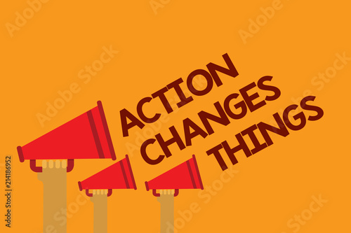 Word writing text Action Changes Things. Business concept for doing something will reflect other things Reaction Three lines text messages ideas multiple alarm speaker symbol announcement.