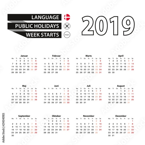 Calendar 2019 in Danish language, week starts on Monday.