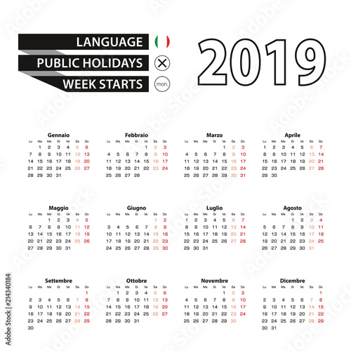 Calendar 2019 in Italian language, week starts on Monday.