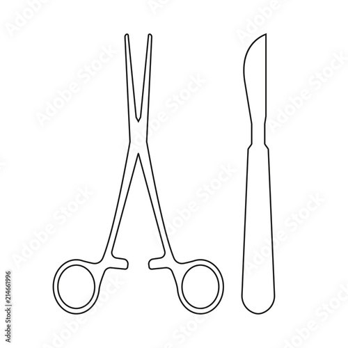 Surgical instruments. Medical scalpel and clamp line icon. Surgery ...