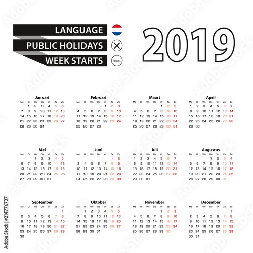 Calendar 2019 in Dutch language, week starts on Monday.